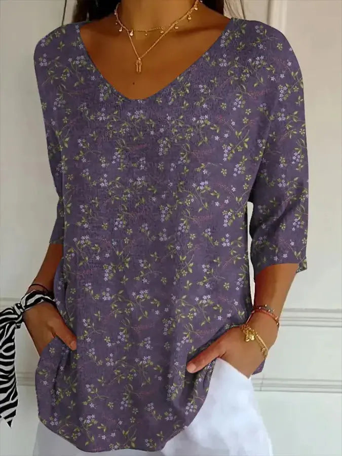 New 3D Printed Women's European And American Fashion Floral V-neck Shirt Top null