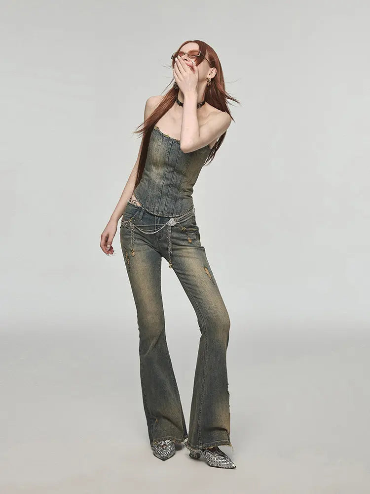 Vintage Washed Distressed Straight Leg Jeans Nipaaj