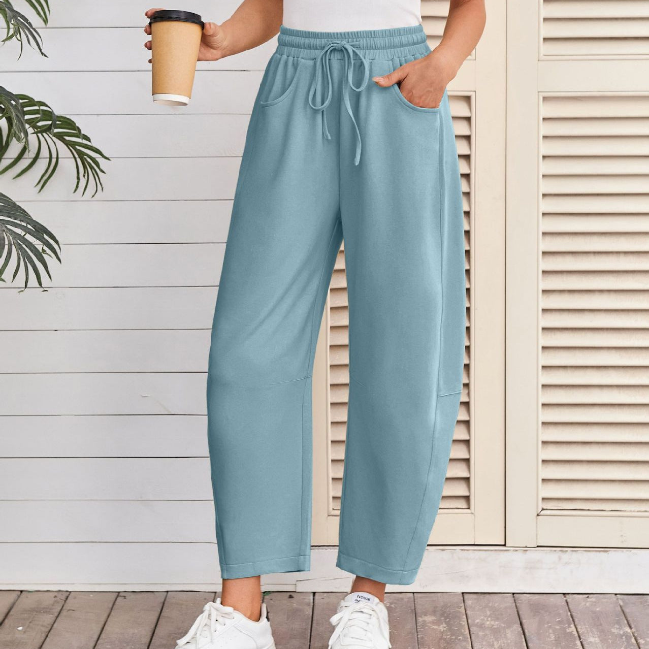Fashion Loose Sports Drawstring Pocket Cropped Sweatpants