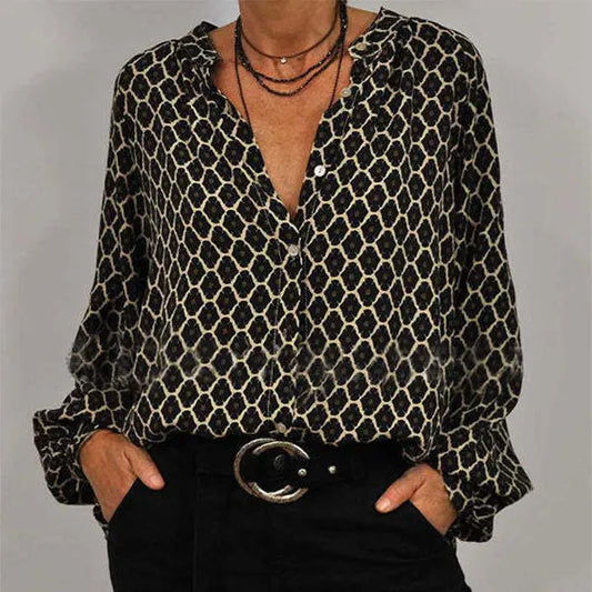 Fashion Lozenge Print V-Neck Shirt Casual Loose Long Sleeve Top Women's Clothing null