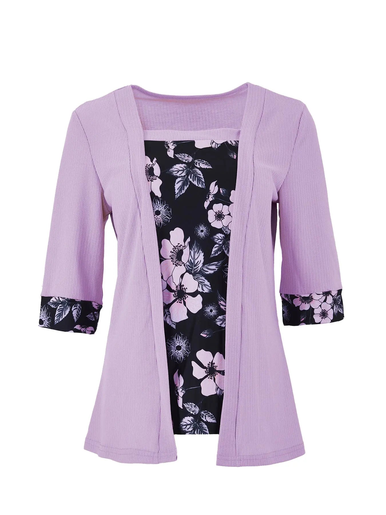 Women's Fake Two-piece Five-quarter Sleeve Printed Top T-shirt Nipaaj