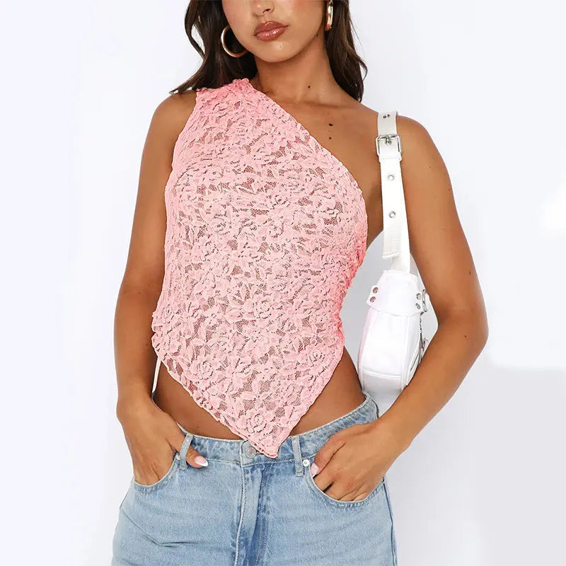 Ins Lace Backless Top Summer Solid Color Waistless Asymmetrical Sloped Neck Vest Streetwear Womens Clothes null