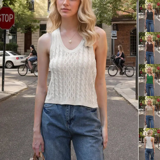 Women's V-neck Tank Vest Fashion Casual Knitted Solid Color Tops null