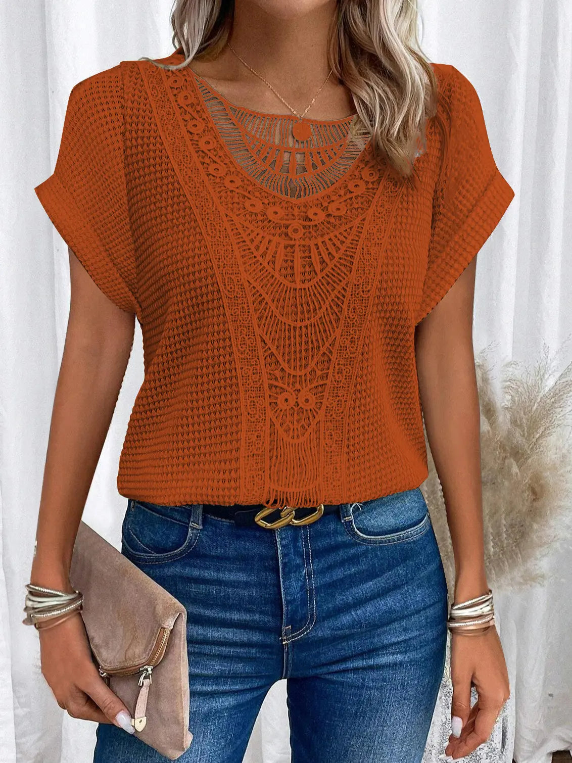 Summer Hollow Out Short-sleeved T-shirt Fashion Ethnic Style Tops Women's Clothing Nipaaj