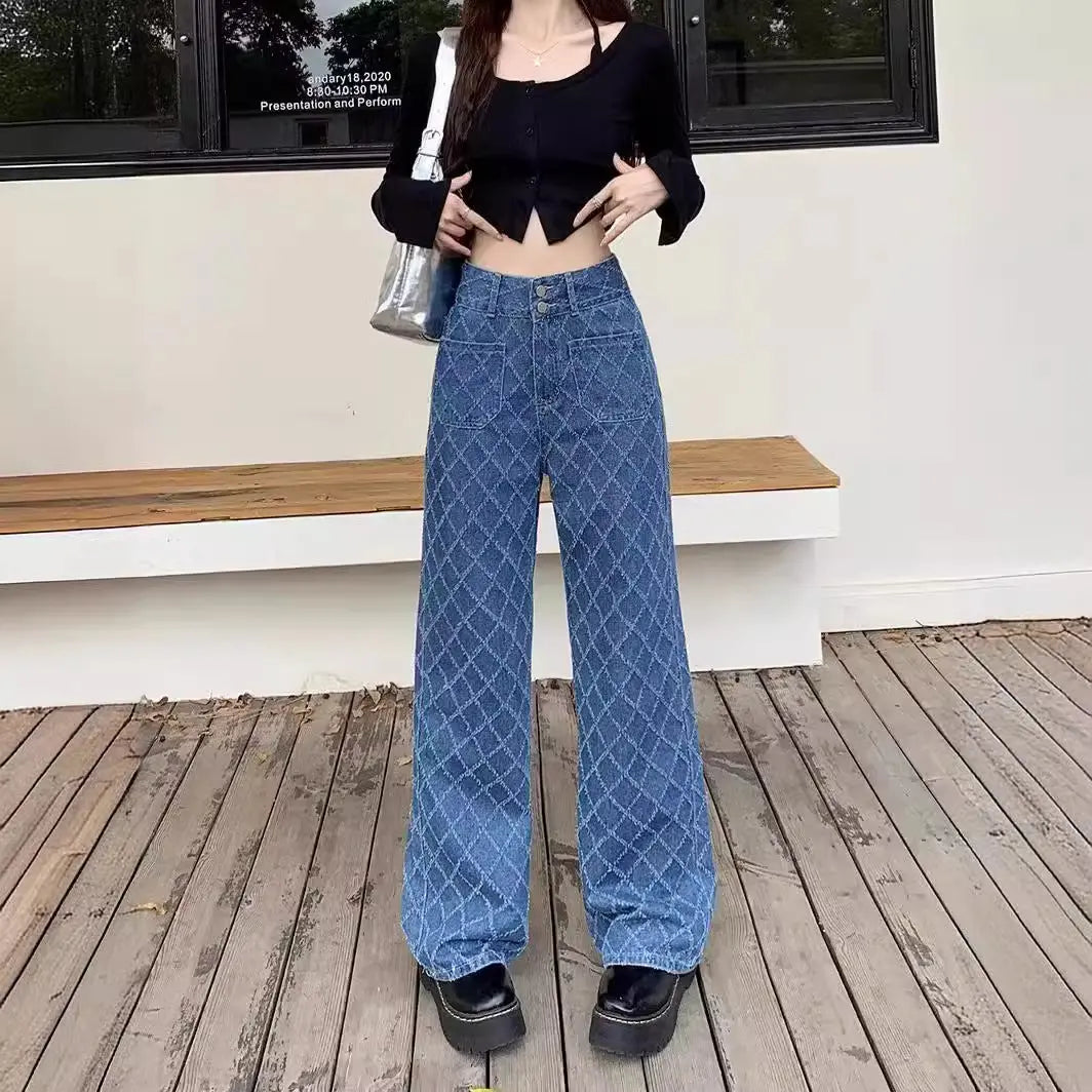 Summer Ladies New Loose Drooping Slimming Jacquard Design Straight-leg Denim Trousers Nipaaj