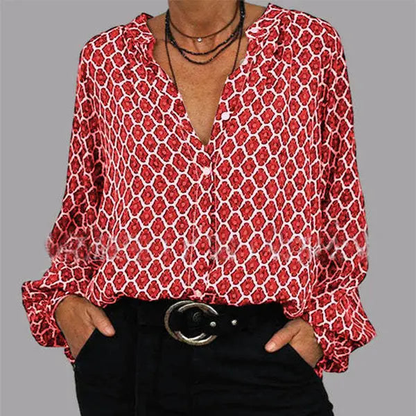 Fashion Lozenge Print V-Neck Shirt Casual Loose Long Sleeve Top Women's Clothing null