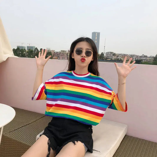 Rainbow striped T-shirt women null