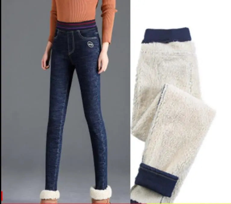 Outer wear warm stretch and fleece elastic waist jeans Nipaaj