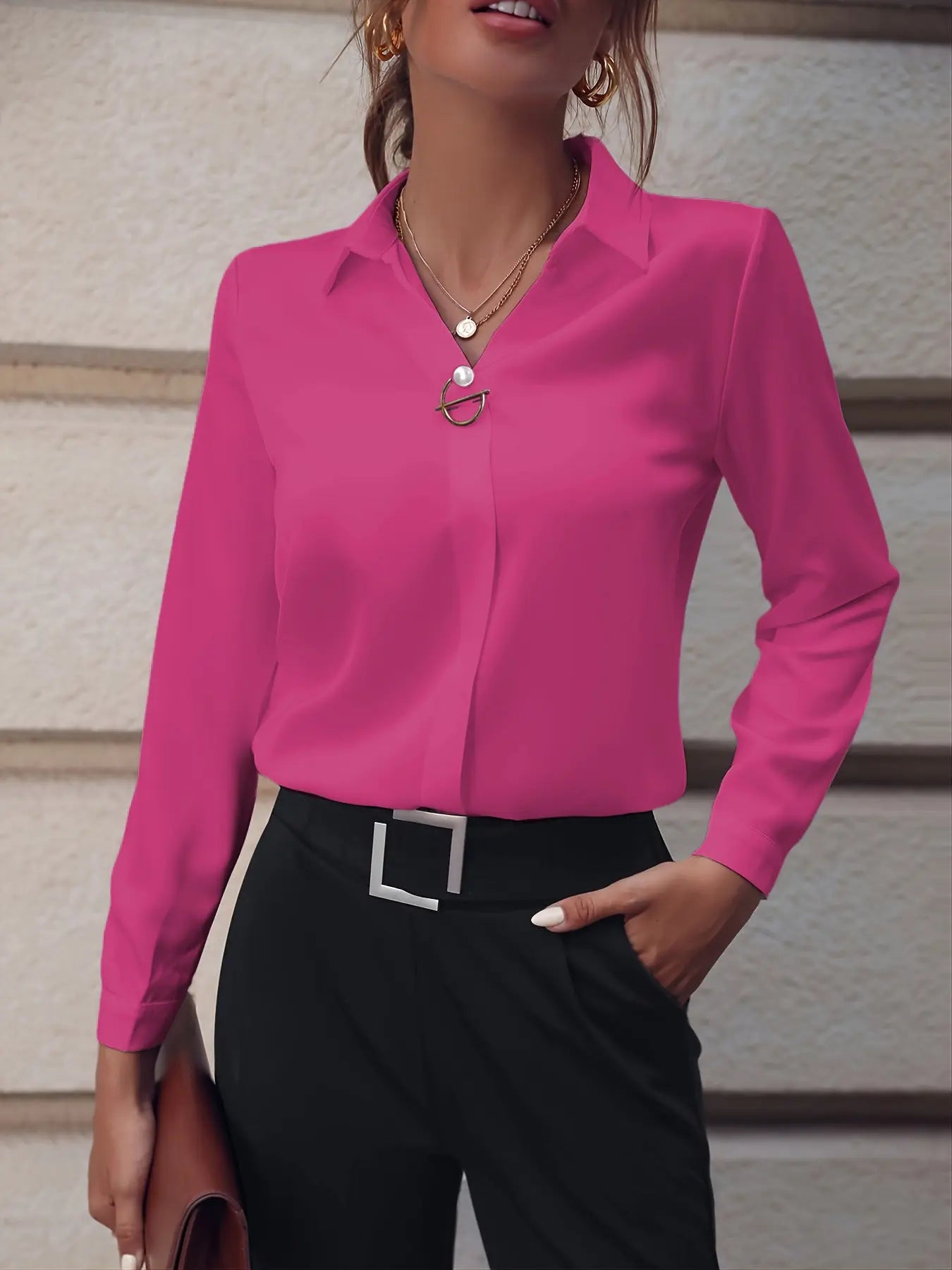 Commuter Women's Shirt Versatile Simple Solid Color Long Sleeve Mid-length Plus Size null
