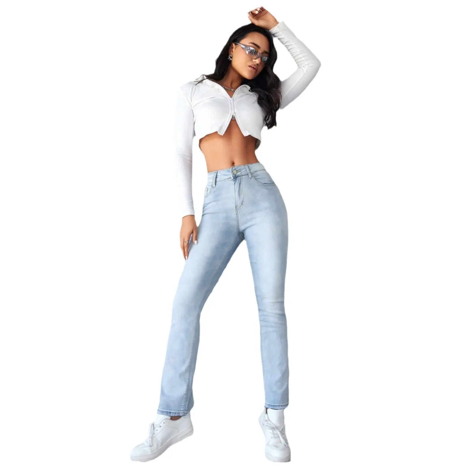 Women's Straight Leg Slim Fit Jeans, Fashionable And Simple Light Blue Pants Nipaaj
