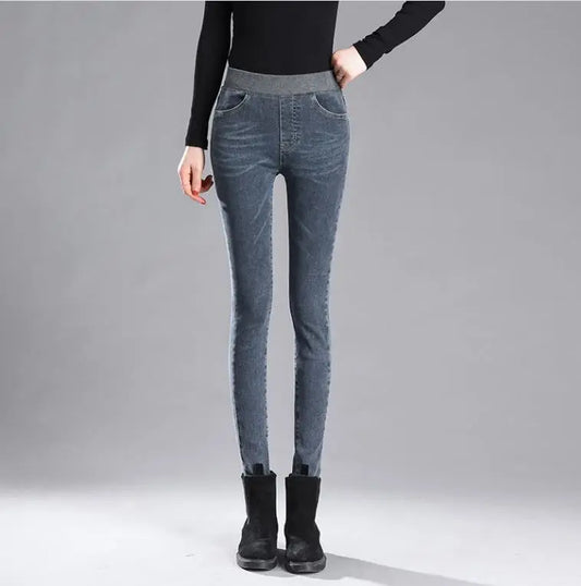Outer wear warm stretch and fleece elastic waist jeans Nipaaj