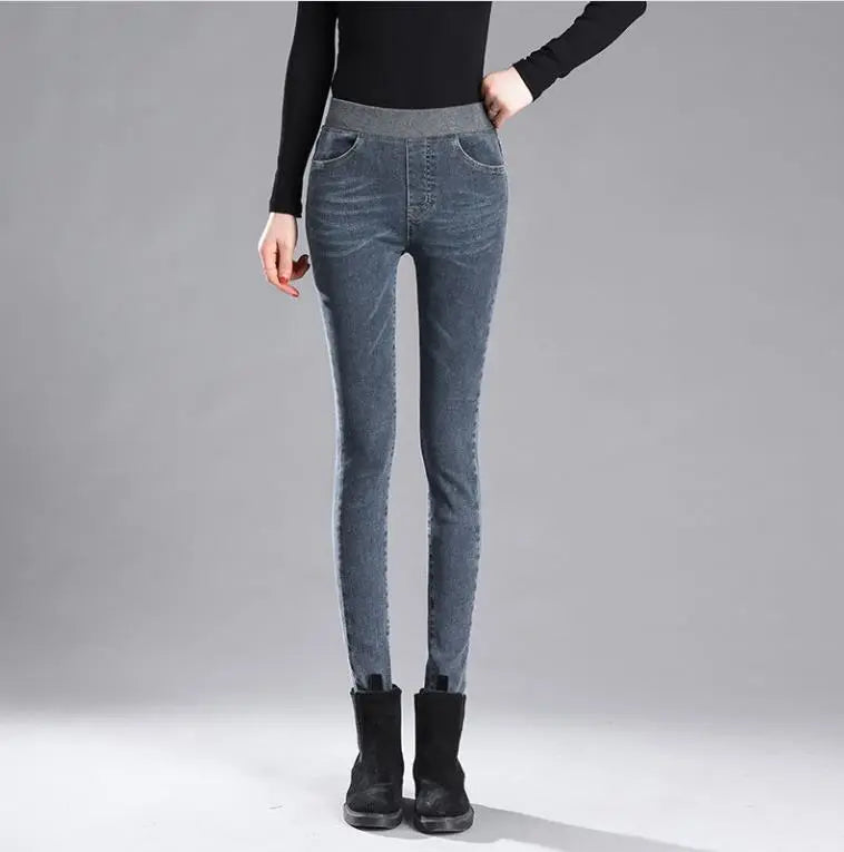 Outer wear warm stretch and fleece elastic waist jeans Nipaaj