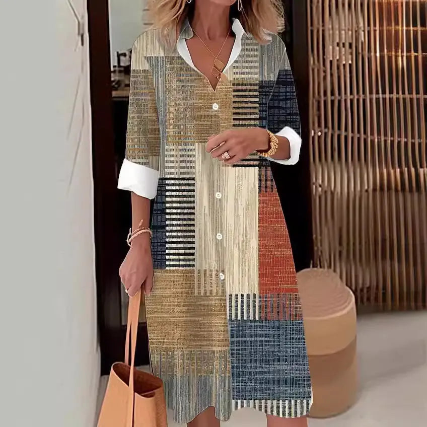 Casual Printing Lapel Long Sleeve Button Irregular Shirt Dress null