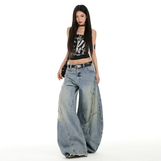 Distressed American Street Retro Deconstructed Machete Wide Leg Jeans