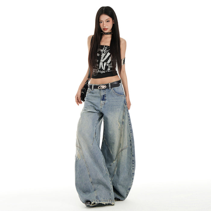 Distressed American Street Retro Deconstructed Machete Wide Leg Jeans