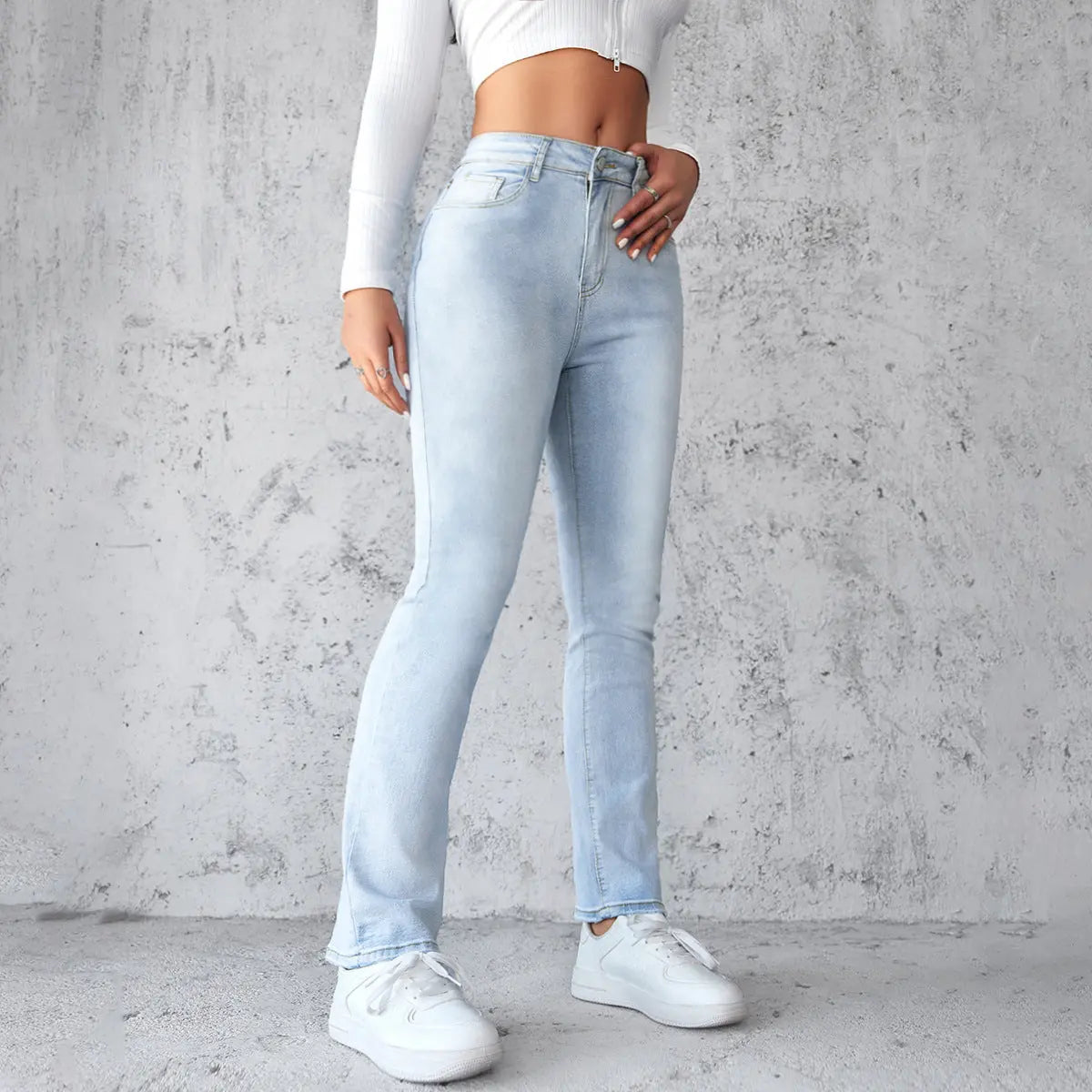 Women's Straight Leg Slim Fit Jeans, Fashionable And Simple Light Blue Pants Nipaaj