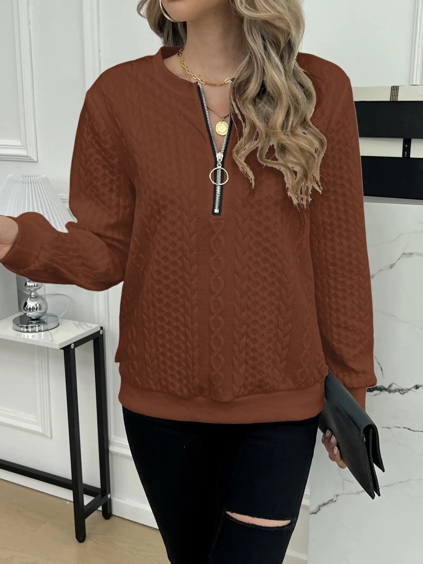 Short Women's Clothing With Zipper Sweater Long Sleeve null