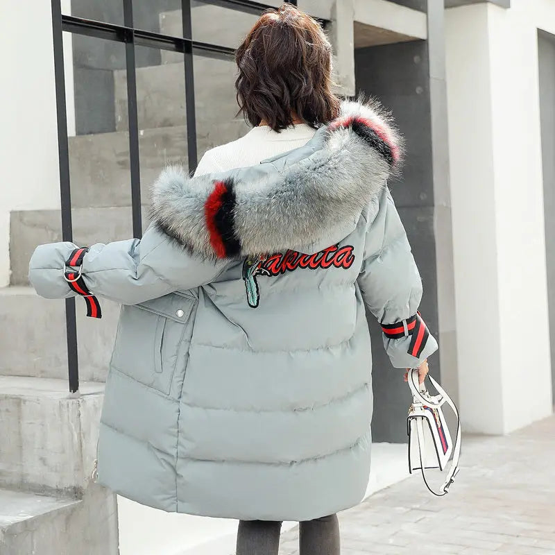 Large fur collar mid-length down jacket null