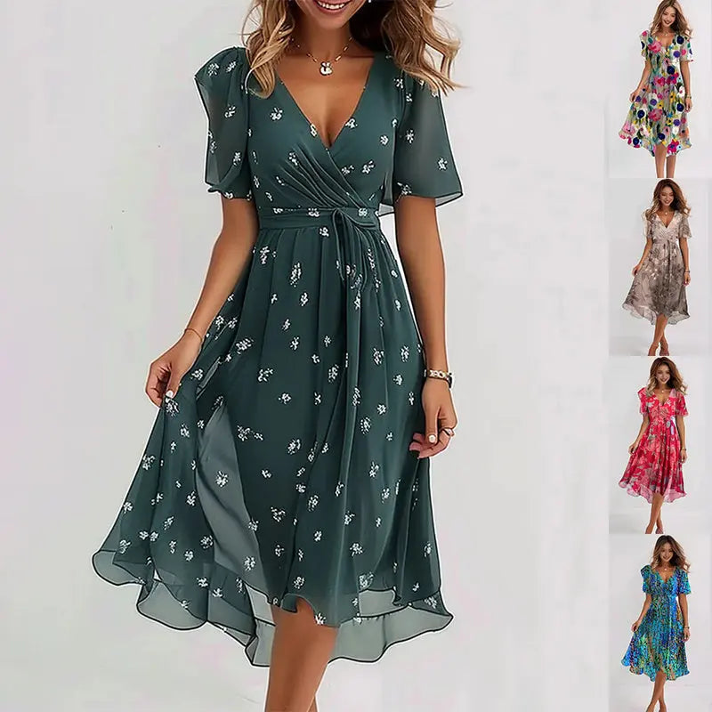 Chiffon Printed Short Sleeve Dress Summer Elegant V-neck Dresses Womens Clothing null