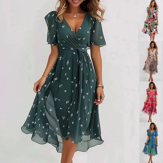 Chiffon Printed Short Sleeve Dress Summer Elegant V-neck Dresses Womens Clothing null