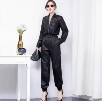 Unique And High-end Feeling, Slim Fitting Black PU Leather Work Suit And Jumpsuit For Women null