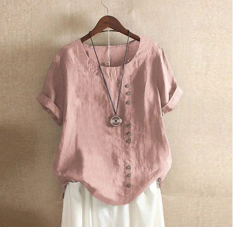 Retro Plus Size Casual Loose Cotton And Linen Short-sleeved Pullover T-shirt Nipaaj