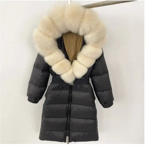Women's Long Cinched Hoodie Real Fox Fur Collar Coat null