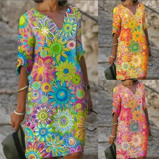 Temperament Blue Hedging Fashion Print Dress null