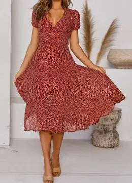 Printed V-Neck Short-Sleeved Lace-Up Dress null