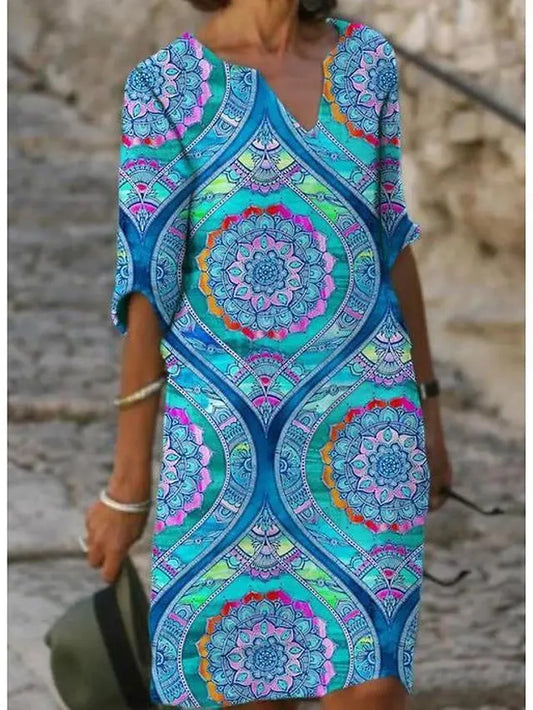 Printed Loose Floral Retro Round Neck Dress null