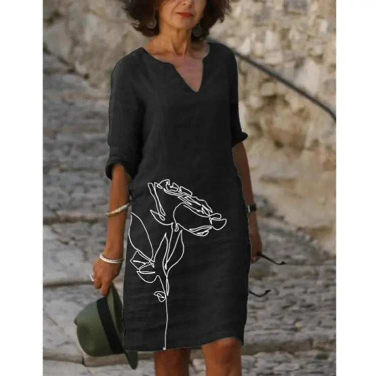 Printed Loose Floral Retro Round Neck Dress null