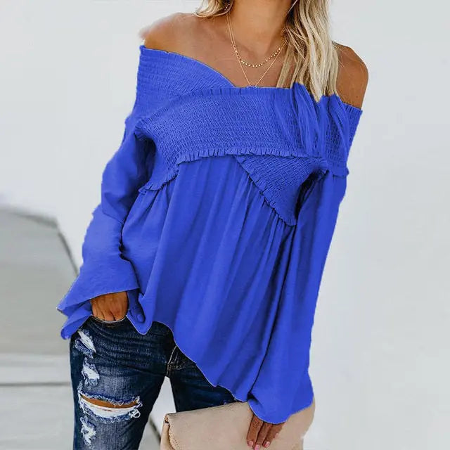 Women Sexy Off Shoulder Shirts Irregular Hem Blouse Shir Nipaaj
