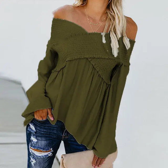 Women Sexy Off Shoulder Shirts Irregular Hem Blouse Shir Nipaaj