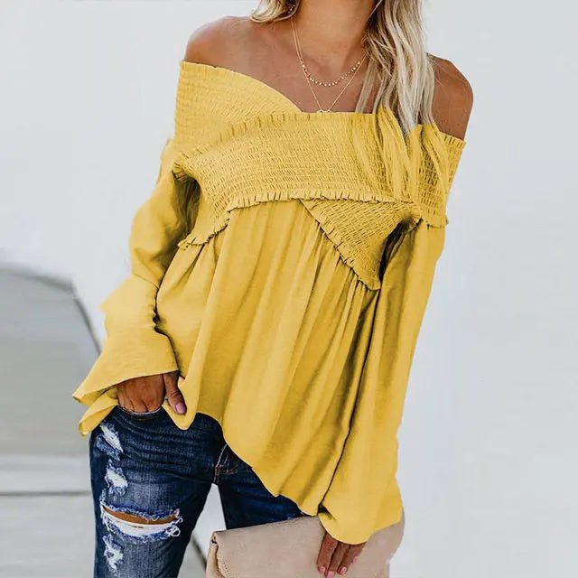 Women Sexy Off Shoulder Shirts Irregular Hem Blouse Shir Nipaaj