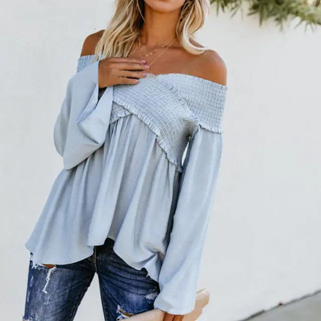 Women Sexy Off Shoulder Shirts Irregular Hem Blouse Shir Nipaaj