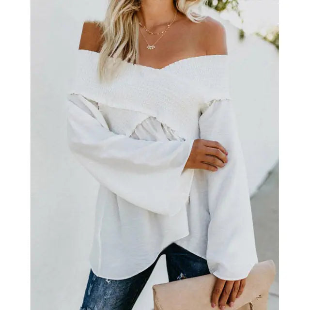 Women Sexy Off Shoulder Shirts Irregular Hem Blouse Shir Nipaaj