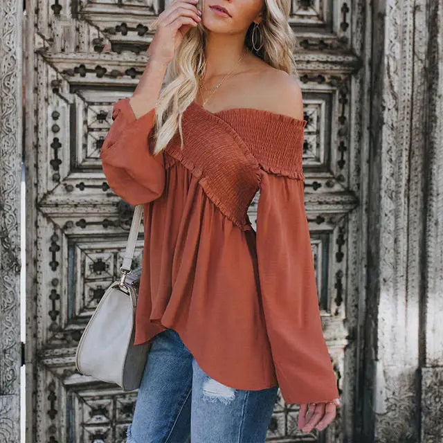 Women Sexy Off Shoulder Shirts Irregular Hem Blouse Shir Nipaaj