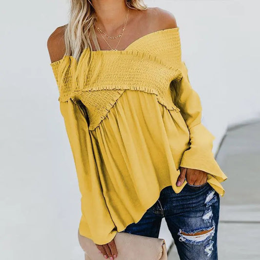 Women Sexy Off Shoulder Shirts Irregular Hem Blouse Shir Nipaaj