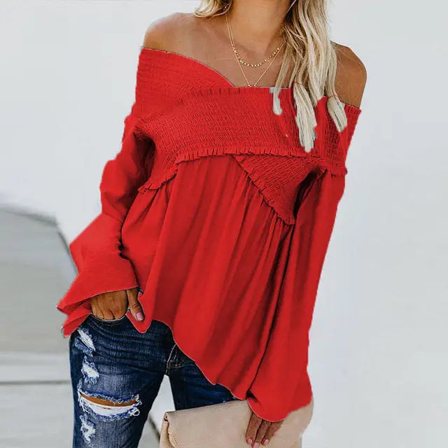 Women Sexy Off Shoulder Shirts Irregular Hem Blouse Shir Nipaaj