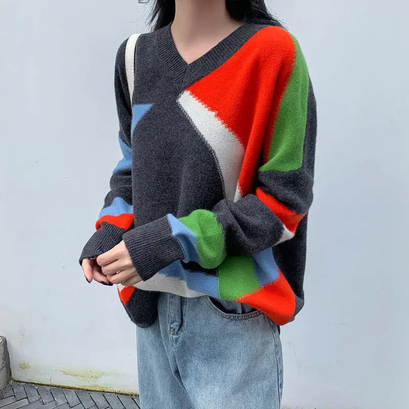 Colorblock V-neck Loose Lazy Knit Sweater Nipaaj