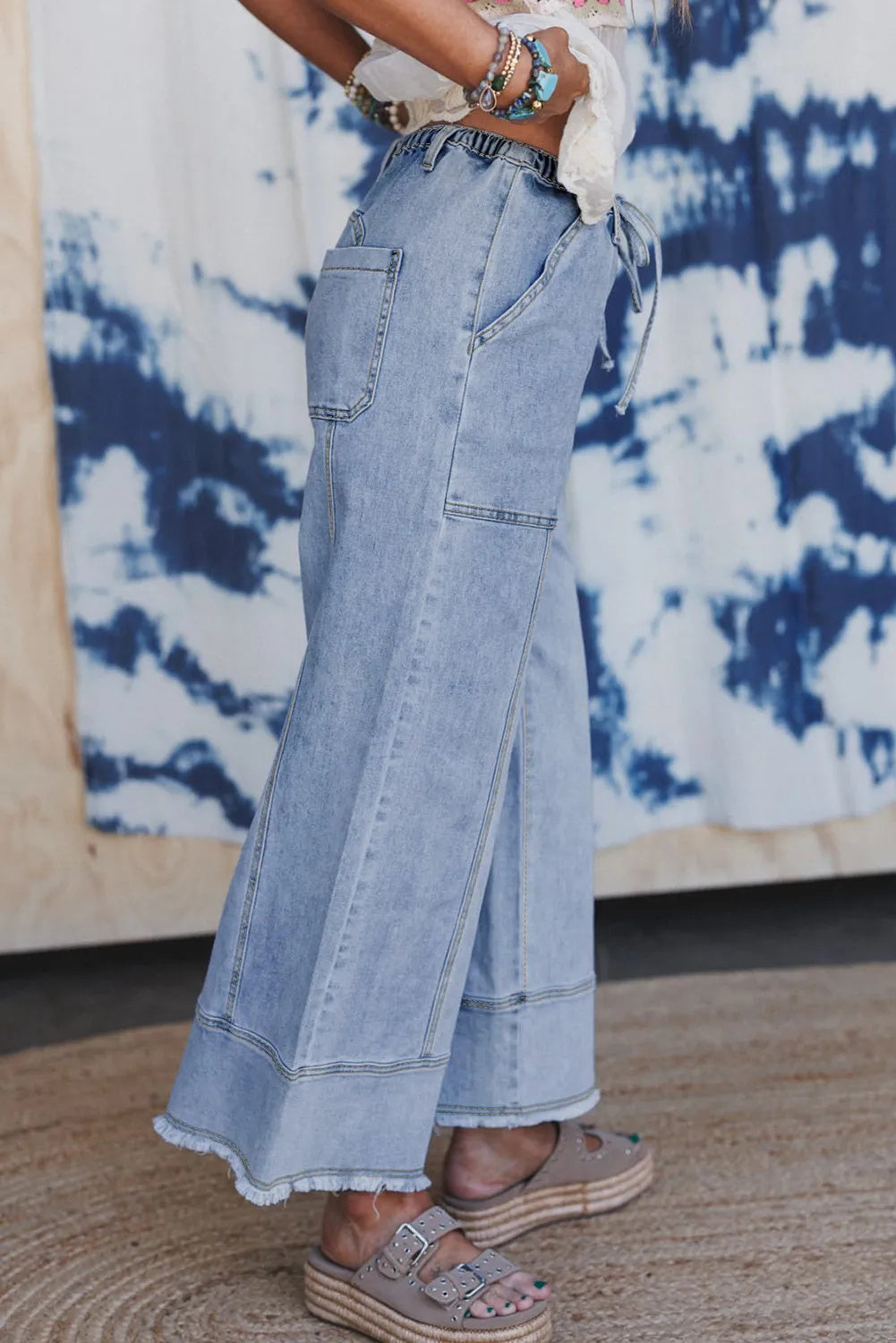 Beau Blue Drawstring Seam Detail Raw Hem Wide Leg Denim Pants