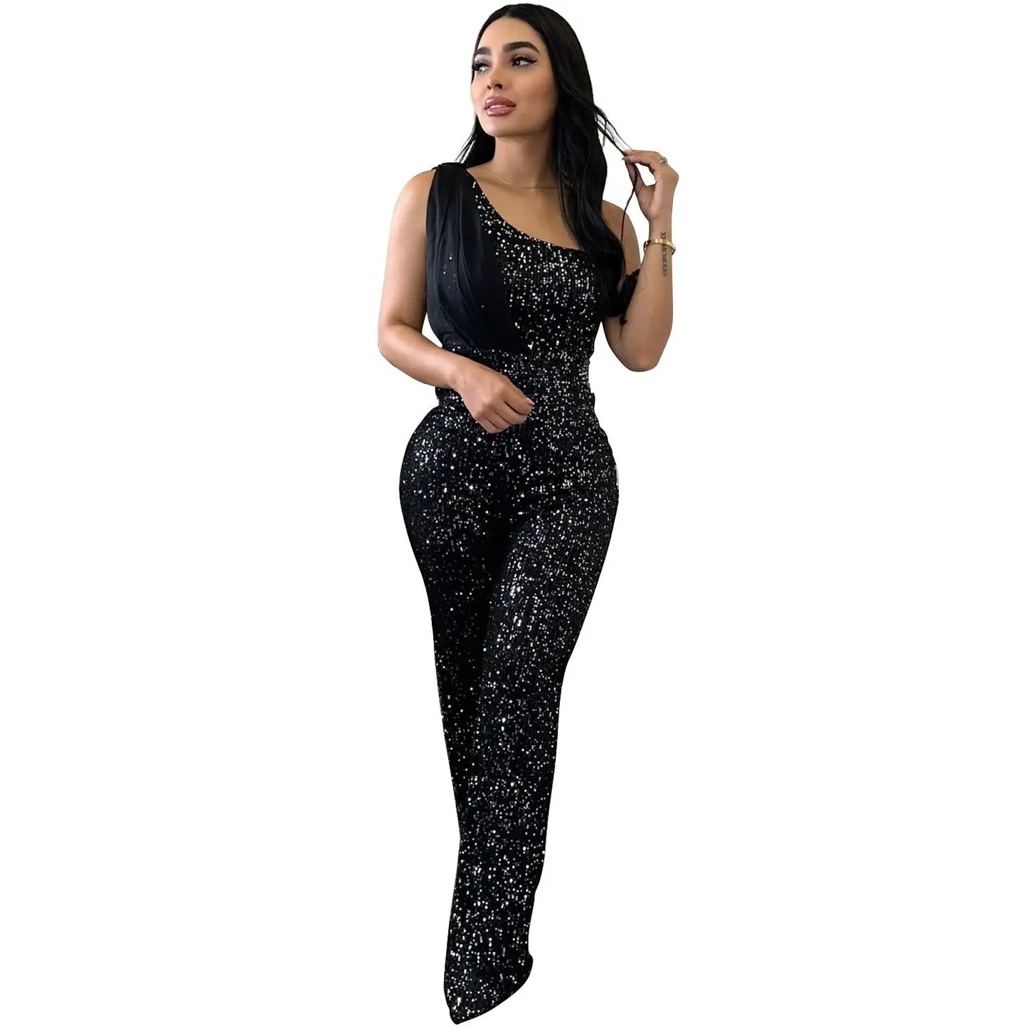 Women's Solid Color Sleeveless One-shoulder Sequined Trousers Jumpsuit null
