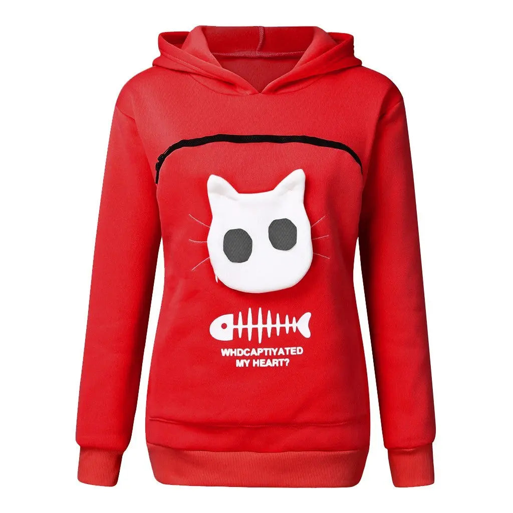 Women Hoodie Sweatshirt With Cat Pet Pocket Design Long Sleeve Sweater Cat Outfit Nipaaj