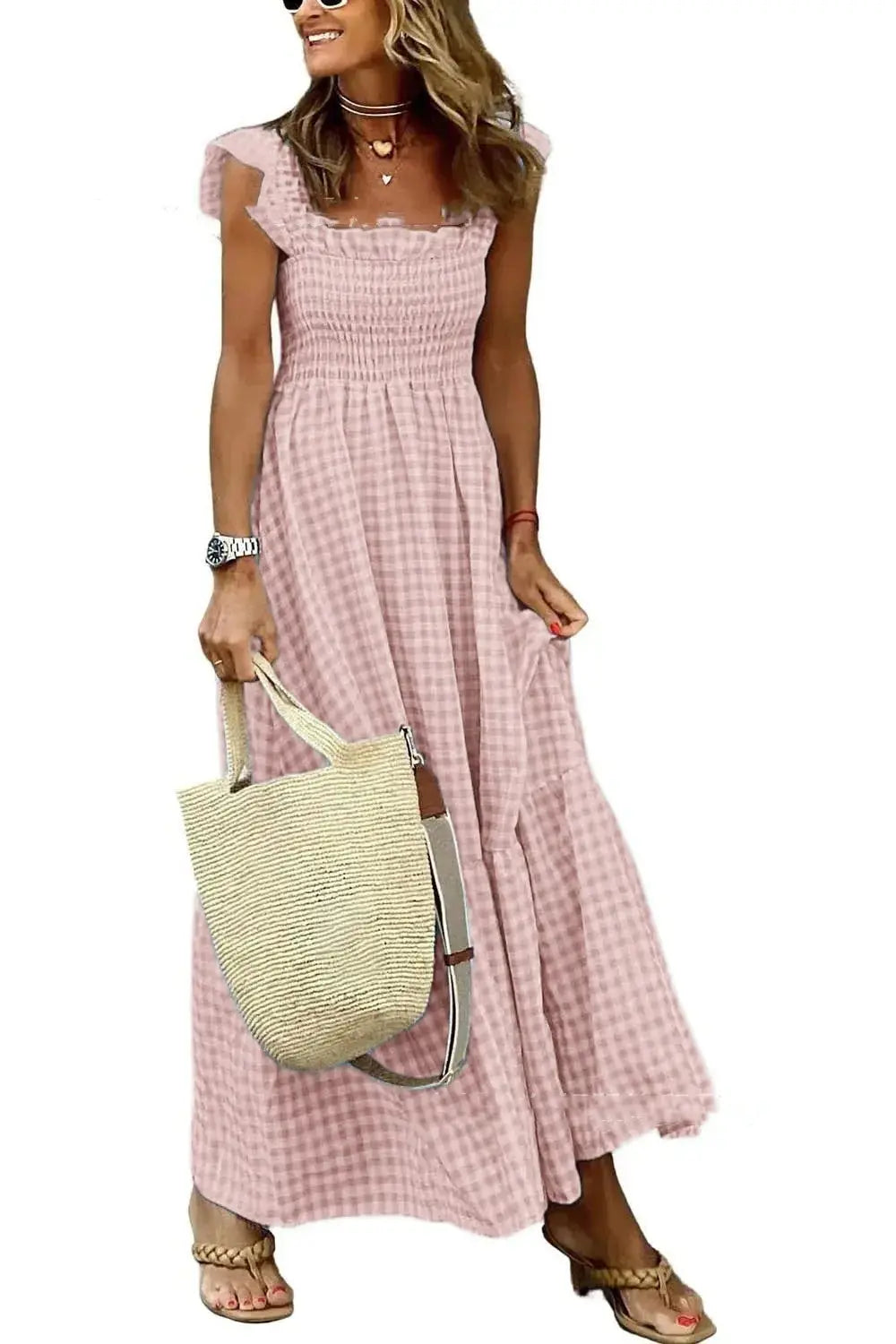 Summer Plaid Print Pleated Ruffle Dress INS Fashion Sleeveless A-line Swing Beach Dress Women's Clothing null