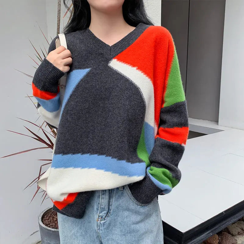 Colorblock V-neck Loose Lazy Knit Sweater Nipaaj
