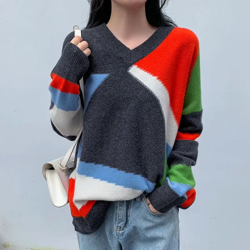 Colorblock V-neck Loose Lazy Knit Sweater Nipaaj