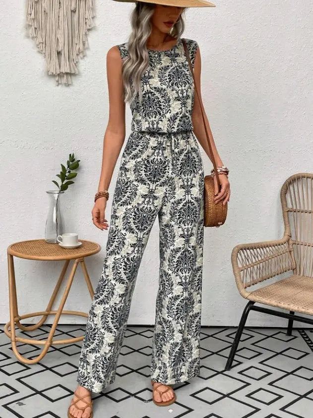 Printed Waist Cinching Casual Straight Leg Pants Set null