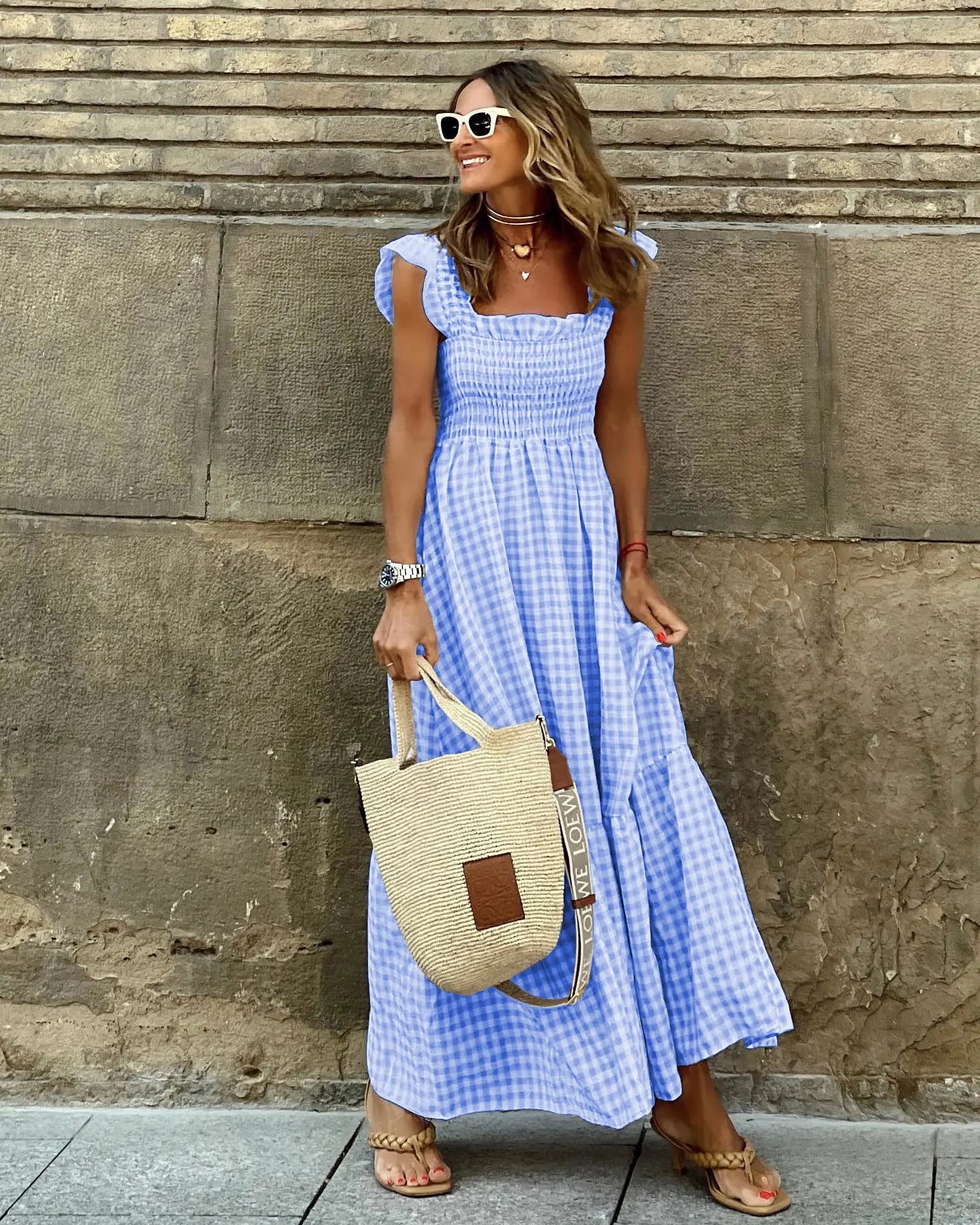Summer Plaid Print Pleated Ruffle Dress INS Fashion Sleeveless A-line Swing Beach Dress Women's Clothing null