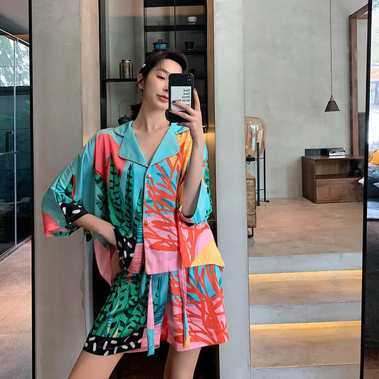 New Nightwear Women's Plant Print Pearl Button Silk Thin Style Nipaaj
