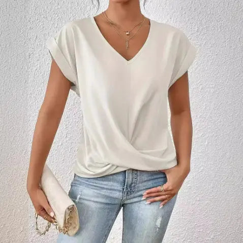 Fashion V-neck Short-sleeve T-shirt Summer Casual Irregular Knot Top For Women Clothing Nipaaj